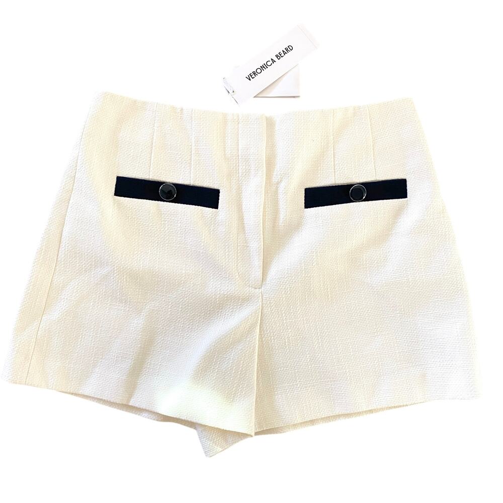 Veronica Beard Gershwin Tailored Shorts Sz 10 Ivory Tweed Navy Trim Buttons